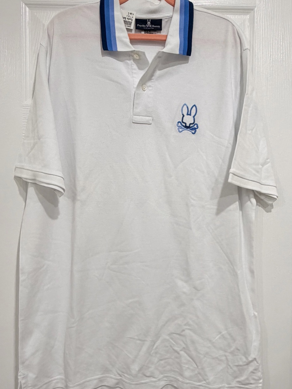 Psycho Bunny White Polo with Blue Trim Collar and Logo